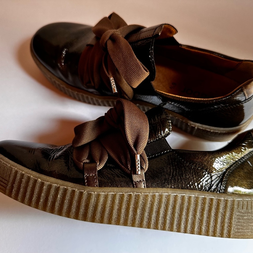 Gabor Best Fitting Metallic Olive Green Patent Leather Sneakers Ribbon Lace - Picture 6 of 11